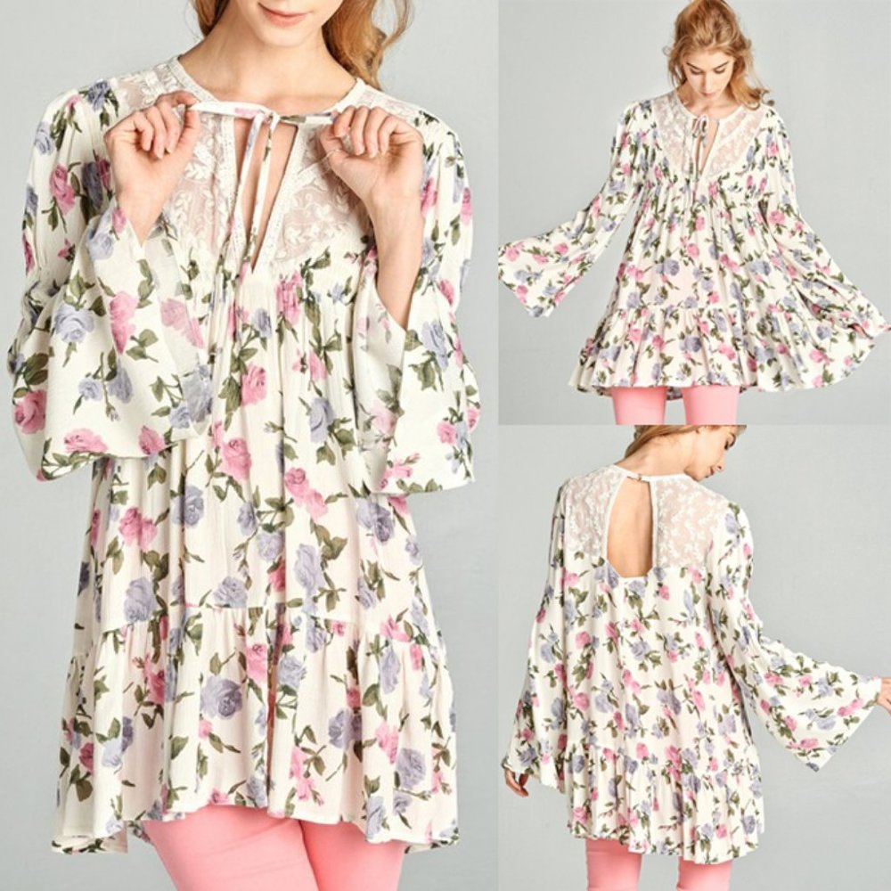 NEW Cream Pink Lilac Floral Lace Inset Tunic Top - Picture 2 of 12